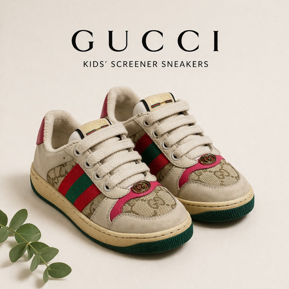 Gucci Kids Screener Sneakers Beige GG Canvas Web Stripe Size 27